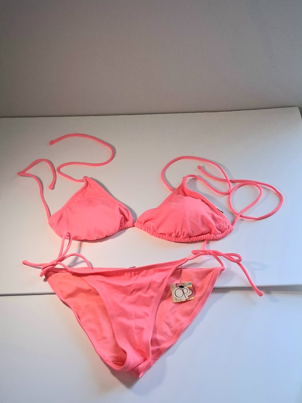 NWT OP Pink Triangle String Bikini Set Top (XL 15-17), Bottom (M 7-9)